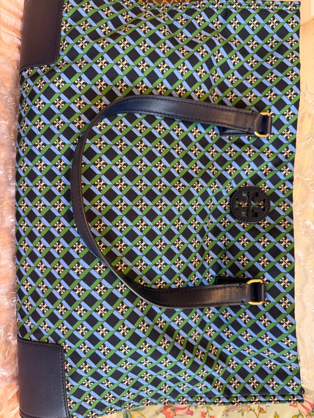Tory Burch Geometric Blue and Green Ella Nylon Printes Tote